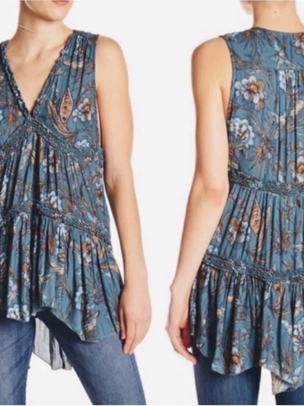 Free People Blue Floral V‑Neck Tiered Camisole
